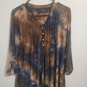 New Directions Blue and Brown Tie-Dye Blouse